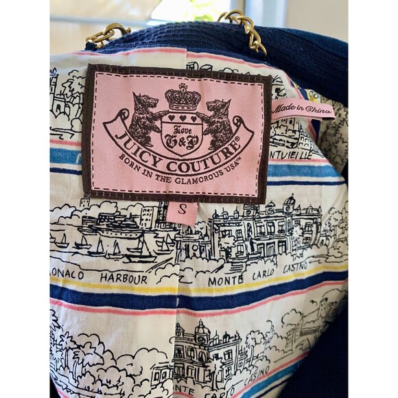 Juicy Couture Y2K Royal Navy Cotton Trench Jacket SZ S Gold & Navy Ship Buttons - Picture 6 of 8